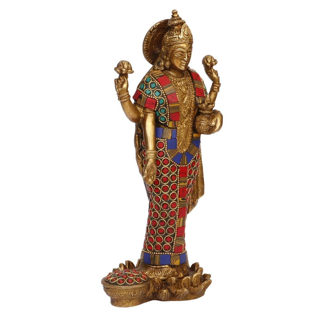 Goddess Maa Laxmi Idol, Brass Statue Standing In Lotus Lakshmi Mata, Multicolor