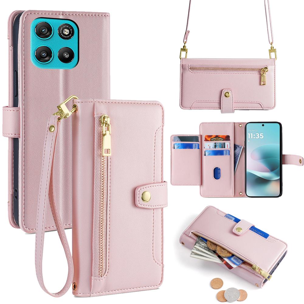 Voor Motorola Moto G67 Power 5G Leren Hoesje Portemonnee met Ritsvak Telefoonhoes met 2 Riemen