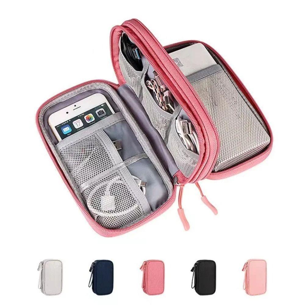 Portable Double Layer Digital Storage Pouch Waterproof Headphone Data Cable Storage Bag Solid Color Travel Hard Disk Organizer