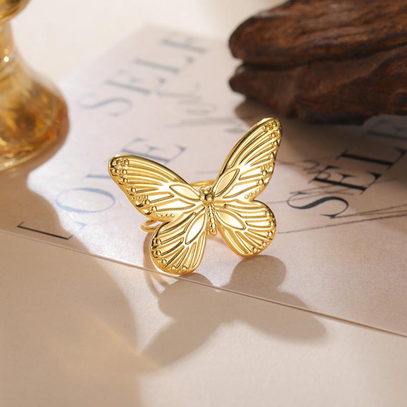Stainless Steel Adjustable Butterfly Women'S Ring Gold Plated Finger Rings Trendy Jewelry Birthday Gift