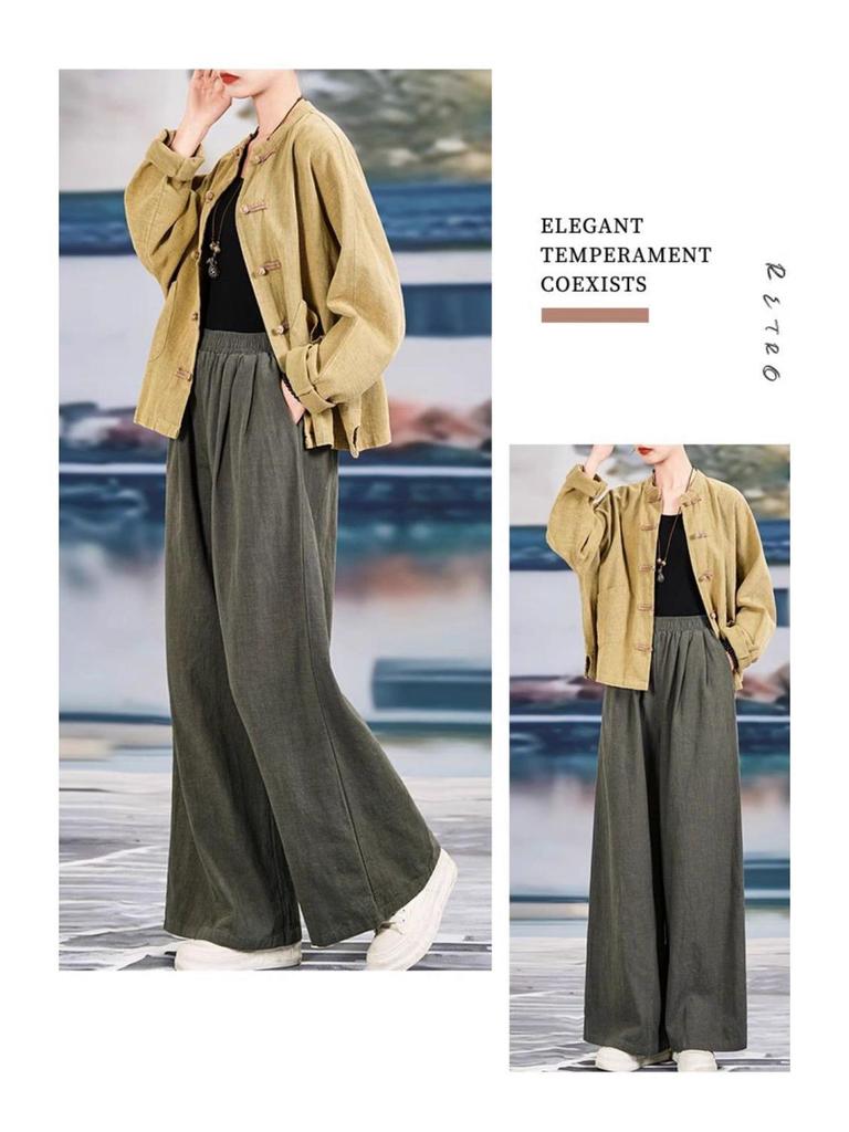 Women's Spring/Summer High-Waisted Wide-Leg Cotton Linen Pants
