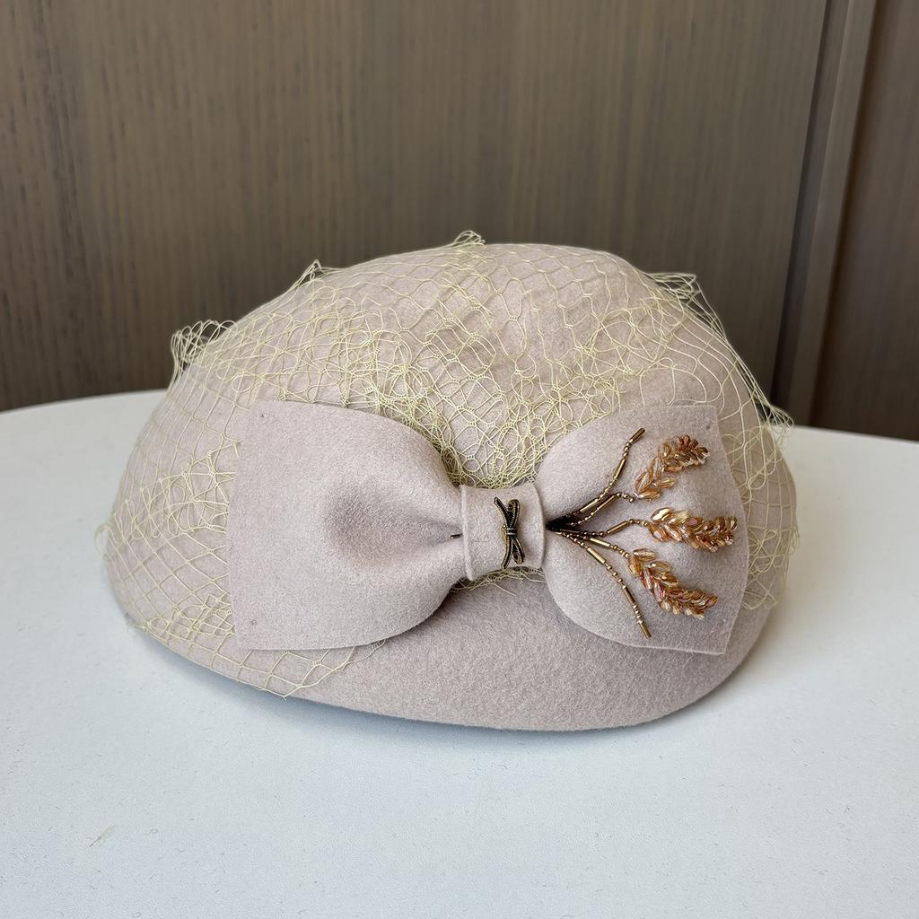 Autumn And Winter New Mesh Rhinestone Bow Wool Beret Female French Retro Painter Hat Elegant Temperament Top Hat