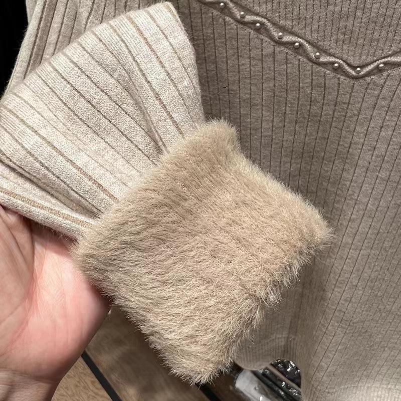 Pulover de bază cu gât semi-înalt pentru toamnă și iarnă pentru femei, cu dantelă de catifea adăugată, îngroșat, dintr-o singură piesă, pulover tricotat din catifea pentru căldură și croială lejeră