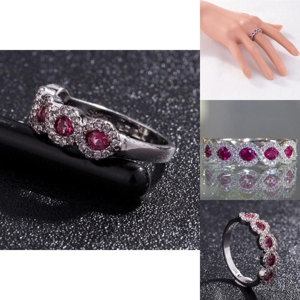 Elegant Ruby Right Hand Ring With Silver Eternal Bridal Wedding Band