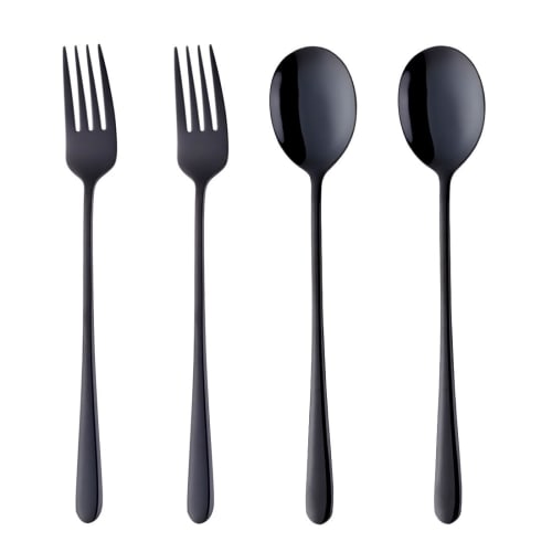 Bisda Cutlery Set, Spoon and Fork, Black, Serves 2, Stainless Steel, Durable, Mirror Finish, Perfect for Curry, Pasta, Salad, Soup, and Guests (Set of