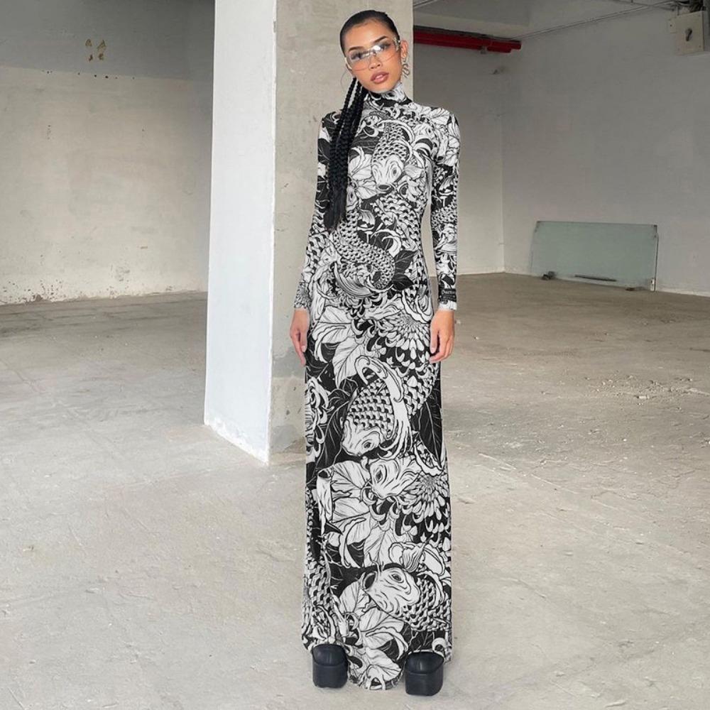 

Сетчатый принт Женское макси-платье Водолазка Полный рукав Облегающее осеннее модное хипстерское платье для вечеринок на улице Y2K Наряд M белый