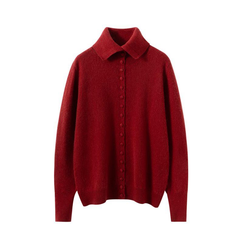 Women's Soft Solid Color Cashmere Knit Cardigan with POLO Collar