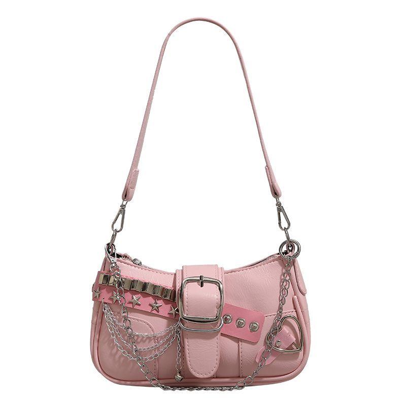 Fashi Hot Girls Square Shoulder Bags Retro Rivet Star Women's Underarm Bag Sweet Pu Leather Female Chain Handbags Pink Purse