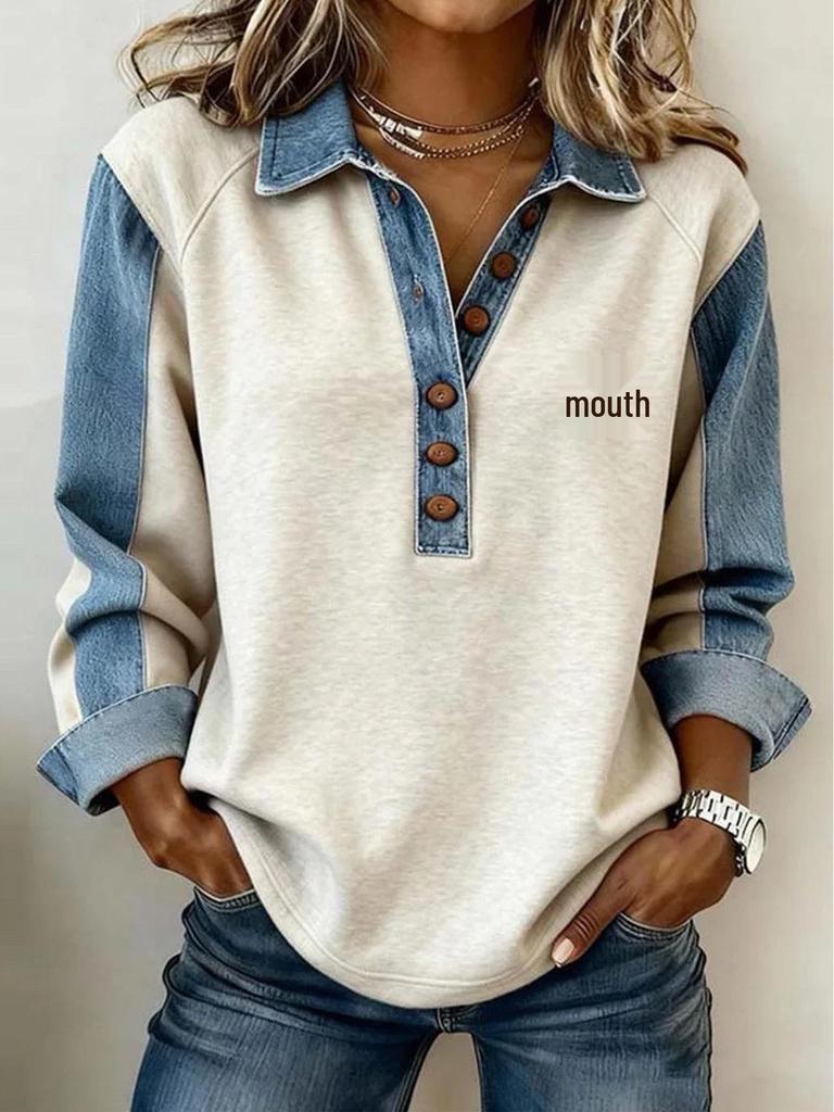 Women's 2026 Denim Lapel Long Sleeve Trendy Pullover Shirt