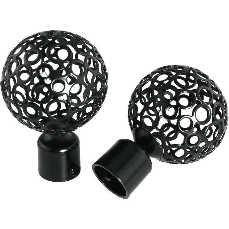 2PCS Skeletonized Curtain Rod End Cap Plugs, 1.1 inch I.D., Black Metal, Wall Mounted, Living Room, Bedroom, Bathroom, Dining Room, Kitchen