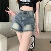 Retro Fringed Denim Shorts For Women, High Waist Slimming Straight Leg Wide Leg Shorts