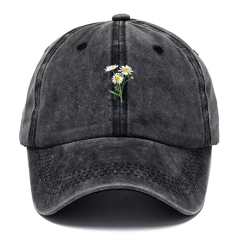 Cappellino Cotone Lavato Vintage Stile Papà Moda Streetwear Hip Hop Regolabile Per Uomo E Donna Casual Estivo Cappellino Ricamo Fiori Baseball