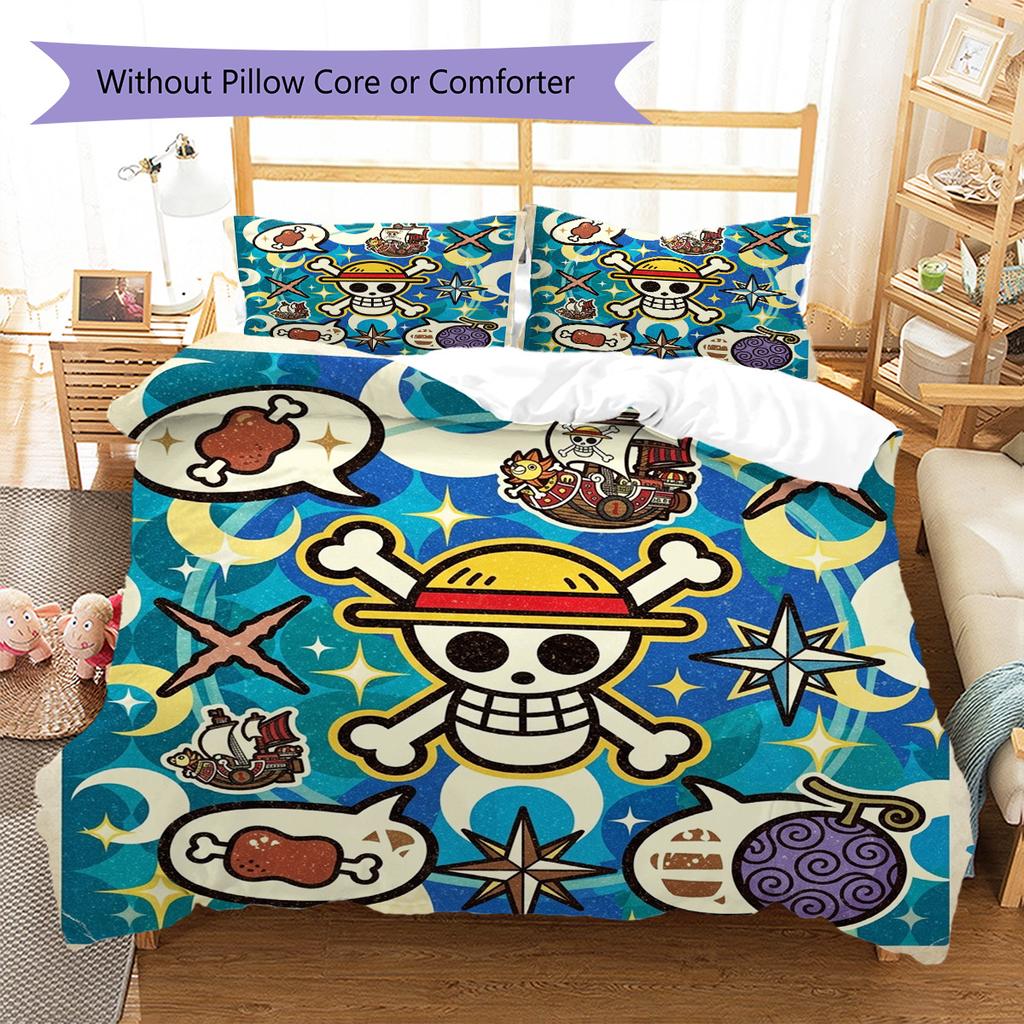 One Piece Luffy Pattern Bedding Quilt Set Quilt Cover Pillowcase Home Decoration Birthday Gift (1 * Duvet Cover + 2 * Pillowcase, Without Core)