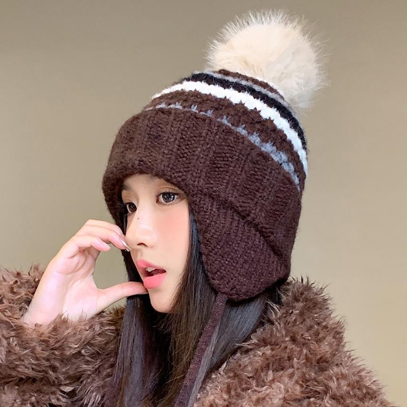 Versatile Knitted Wool Hat Autumn and Winter Hat Women's Windproof Ear Protection Warm Hat Cute Hairball
