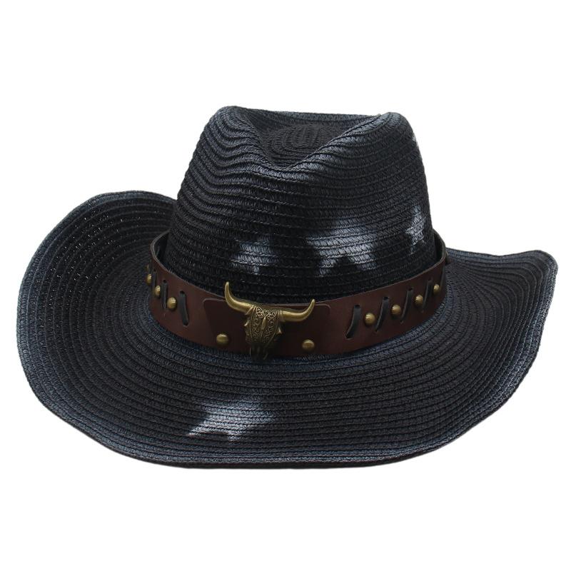 Summer Beach Straw Hat Cow Head Ethnic Wind Breathable Men'S And Women'S Pentagonal Western Cowboy Hat