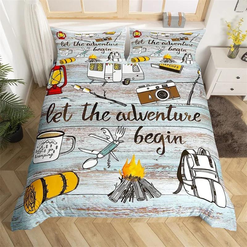 Western Cowhide Duvet Cover King Size Happy Camping Bedding Set Polyester Farmhouse Style Comforter Cover For Travel Rv Bunk Bed