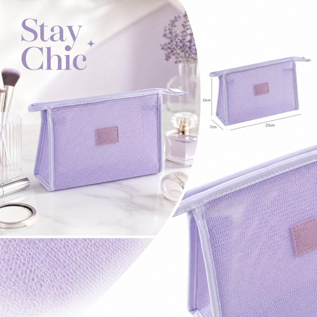 Triangular Mesh Clear Cosmetic Bag with Zipper, Portable Makeup Pouch for Travel and Daily Use