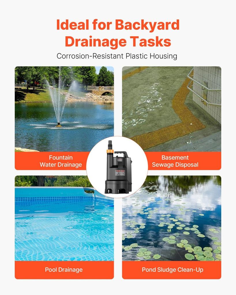 690W Submersible Sump Pump, 17500 L/H, PP-GF20 Submersible Sewage Dirty Clean Water Pump with Automatic Float Switch, Long Cord, 9M Max Lift, for