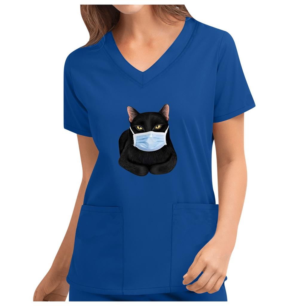 Women's Cute Print Short Sleeve V-neck Top Work  Solid Color Pocket Top