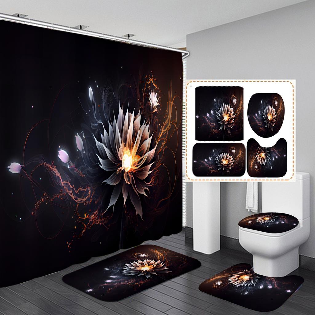 4Pcs Painted Floral Shower Curtain Set with Non-Slip Bath Mat, Toilet Lid Cover, Contour Rug & 12 Hooks, Bathroom Decor