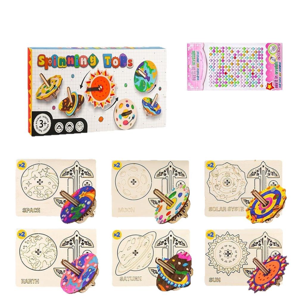 12 Pack Wooden Tops Set, Kids Craft Painting Toys, DIY Wood Spinning Tops for Boys and Girls Ages 5-9, Birthday Craft Kit