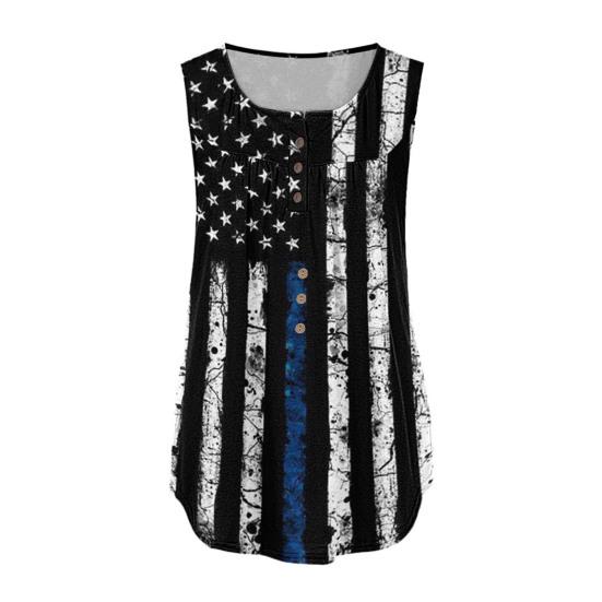 Women Vest Round Neck Buttons Half Placket Sleeveless Tank Tops US Flag Pattern Flowy Hem Camisole Daily Wear