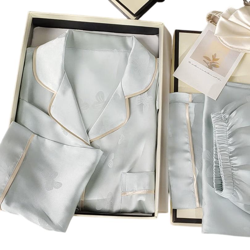 GUJIN Spring Summer New Ice Silk Long Sleeve Women's Pajamas High-End Homewear Outerwear Silk-Like Set