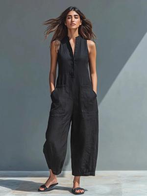 European and American Women's Linen Blend Sleeveless Button-up Wide-leg Jumpsuit