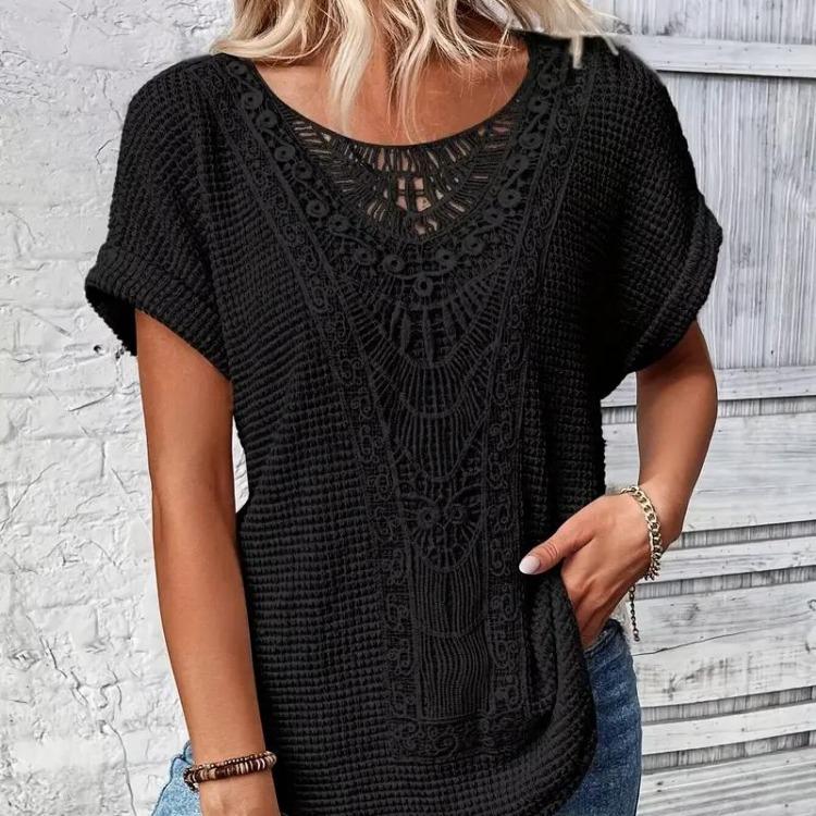 Women Casual Summer Short Sleeve Crew Neck Lace Splicing Top Tshirt