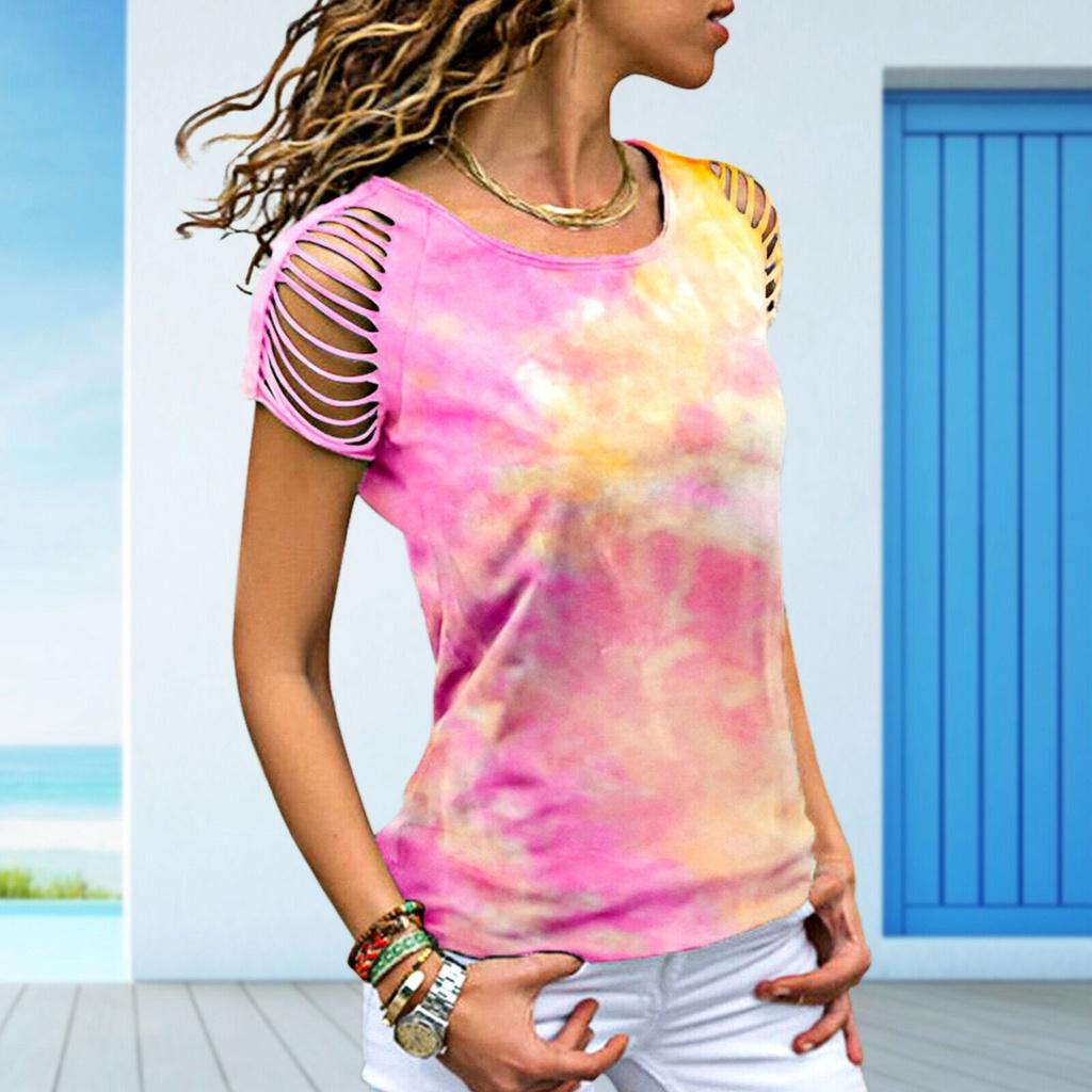 Womens Vibrant Tie-dye Printed Tops Casual Short Sleeve Blouse Perfect For Summer