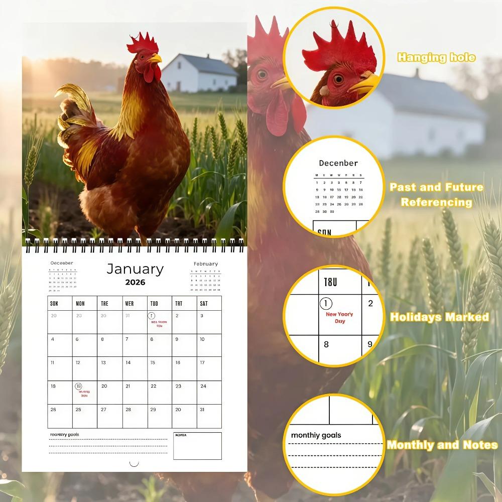 2026 Big Roosters Fun Rooster Calendar - Thickened Spiral Binding & Double-Sided Pages with Funny Rooster Facts & Phrases
