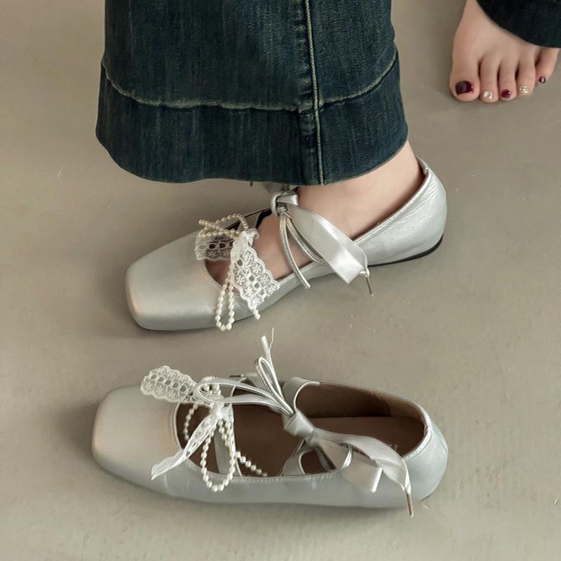 Women's Ballet Shoes French Elegant Lace Bow Mary Jane Single Shoes Beautiful Summer Fashion Pearl