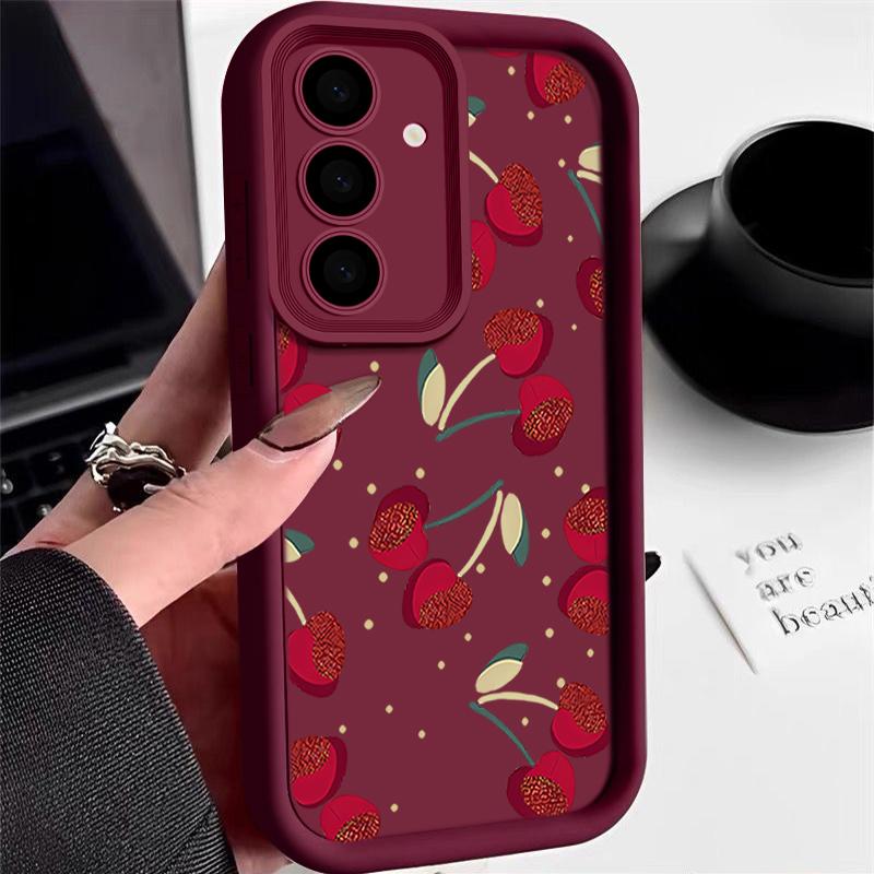 

Мягкий матовый чехол для телефона с принтом вишни для Samsung S25 Ultra S24 FE S23 Plus A56 A16 A36 A55 A06 A26 A15 A35 A05 TPU защита объектива противоударный чехол Samsung A55 5G вино красного