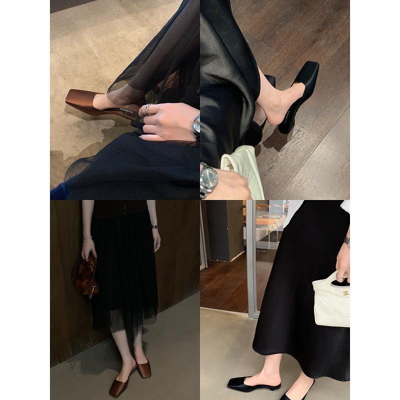 Schaffell quadratischer Kopf Seide Dreieck Absatz Tasche Kopf Hausschuhe Damen Sommer Sandalen High-End Einzelne Schuhe