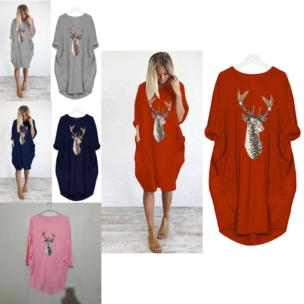 Women's Christmas Deer Pattern Printed Round Neck Dress With Full Sleeves And Stylish Design