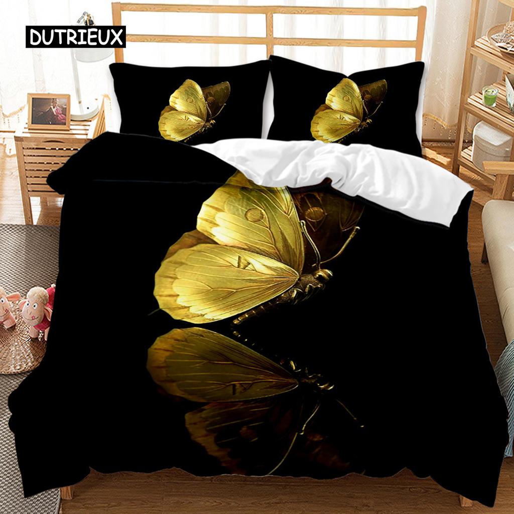 Black Golden Butterfly Duvet Cover Set Pretty Blue Butterfly Bedding Set Women Insect Polyester Comforter Cover for Girls Decor