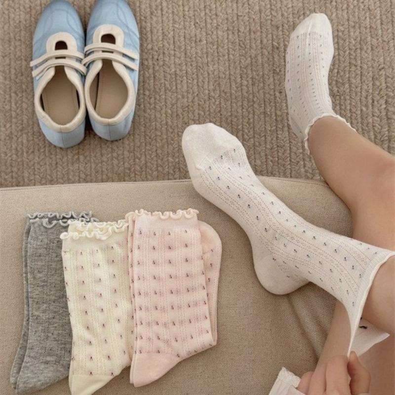 Mesh Heart-shaped Small Flower and Tree Pieces, Ear Cotton, Boneless Mid-calf Socks, Thin Rolled Edge Postpartum Socks, Breathable