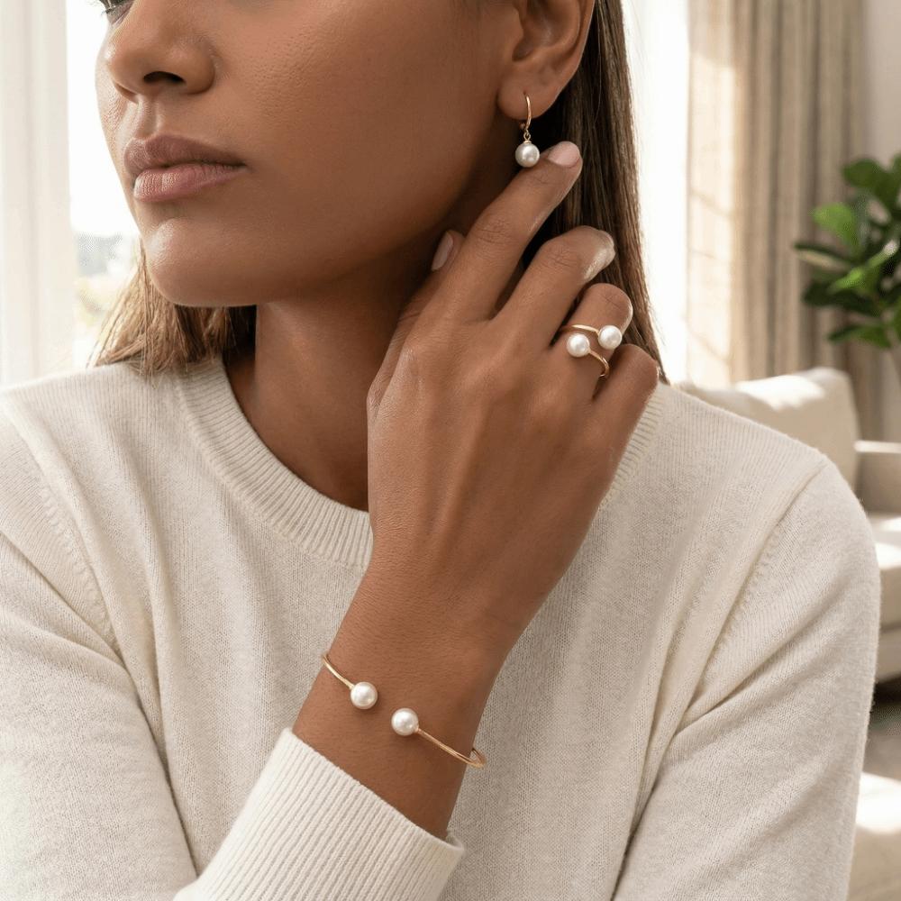 Vintage Style Imitation Pearl Earrings Ring Bangle Elegant Gold Color Jewelry Jewelry Set  Women
