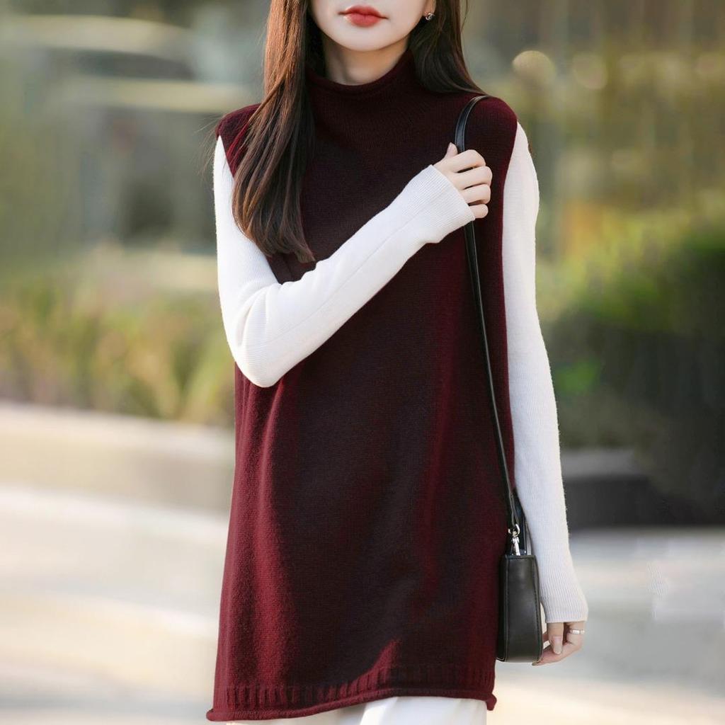 Korean Style Half-High Neck Fleece Knit Vest for Women – Autumn Winter, Loose Mid-Length Sleeveless Sweater