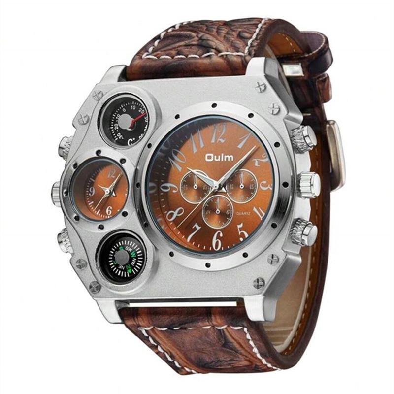 Oulm Fashion Casual Men's Watch Night Light Dual Time Zone Large Dial Leather Strap Men's Quartz Watch reloj hombre