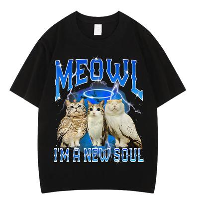 Meowl Katze Eule Lustiges Meme T-Shirt Herren Damen Gothic Punk Oversize T-Shirt Sommer Kurzarm Locker Freizeit Baumwoll-T-Shirts