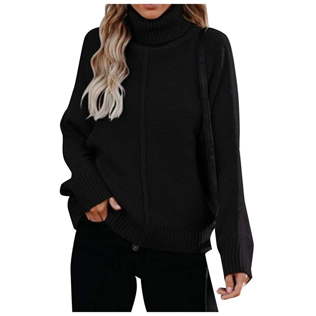 Women's  And Winter Loose Solid Color Stitching Long Sleeved Turtleneck  Knit Sweater Top