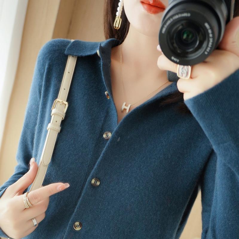 Women's POLO Collar Knitted Cardigan Basic Versatile Top Spun Wool Jacket Elegant Single Breasted Sweater