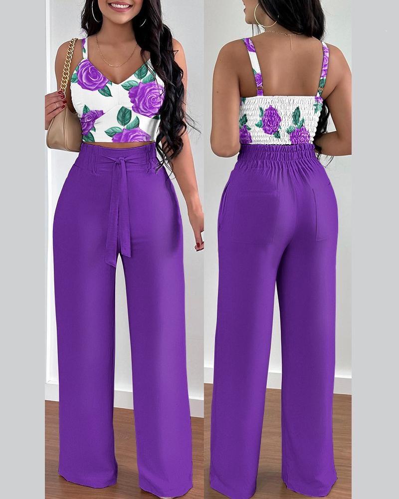 T9006 European & American Spring/Summer Fashion Print Camisole & Drawstring Long Pants Set