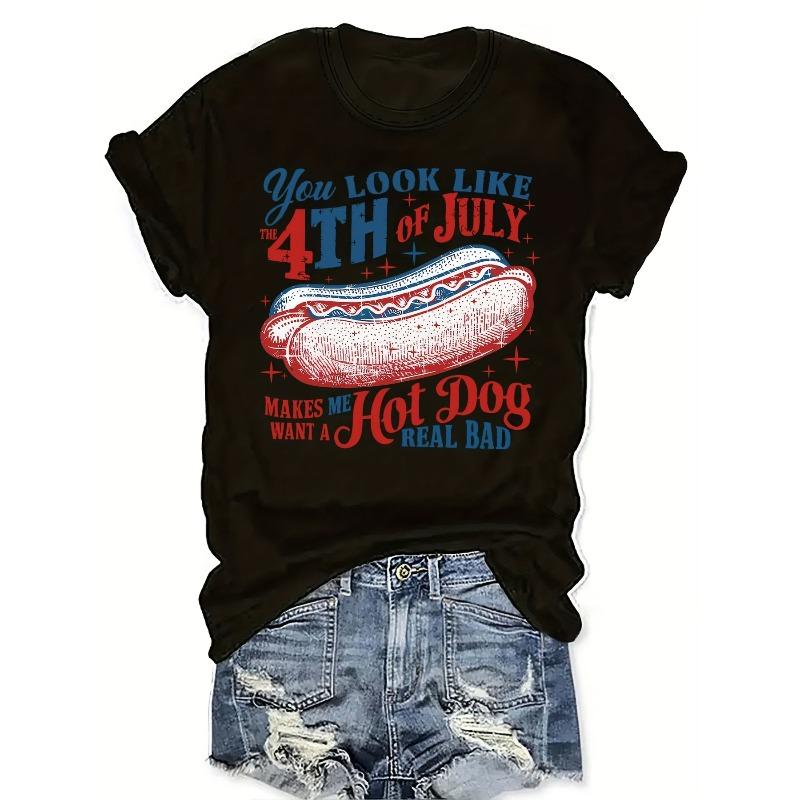 

Womens Casual Crew Neck Short Sleeve T Shirt Regular Length Alphabet Pattern All Season You Look Like The 4th of July Hot Dog Graphic Pink Top XL