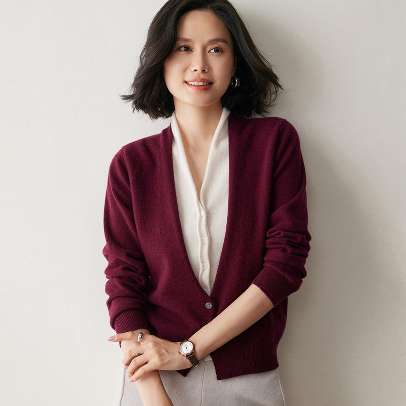 Autumn-Winter Women's V-neck Color Block Cashmere Cardigan - Elegant Two-Piece Knit Sweater