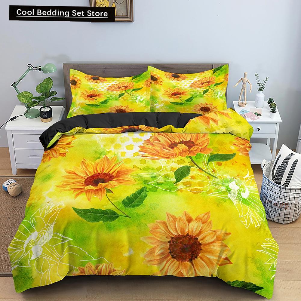 3D Sunflower King Queen Duvet Cover Yellow Flowers Bedding Set  Floral Green Leaves Comforter Cover 2/3pcs Polyester Quilt Cover