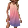 Ladies' Fashionable Gradient Print V-neck Button-down Pocket Vest Dress Beach Vacation Summer Dress