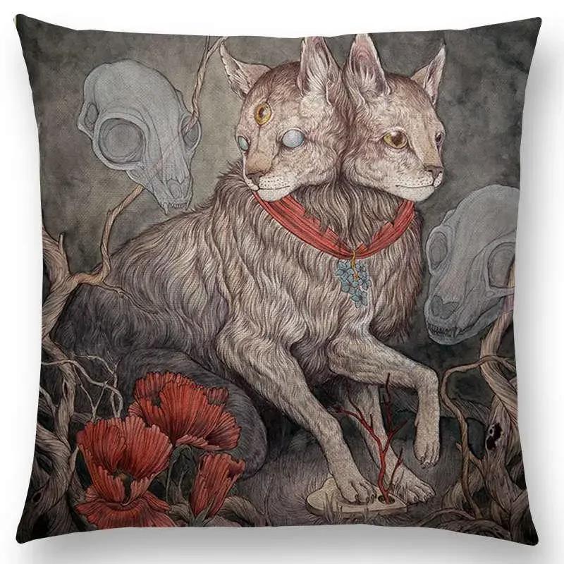 Dark Creatures Mysterious Mythical Beasts Sofa Pillow Case Cat Deer Bird Fox Tiger Snake Cushion Cover