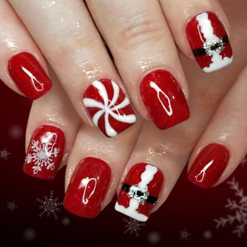 

Red Glitters Press On Nail 24PCS Winter Snowflake Art Christmas Party Fake Nail For Women Festive Manicure Ready 1